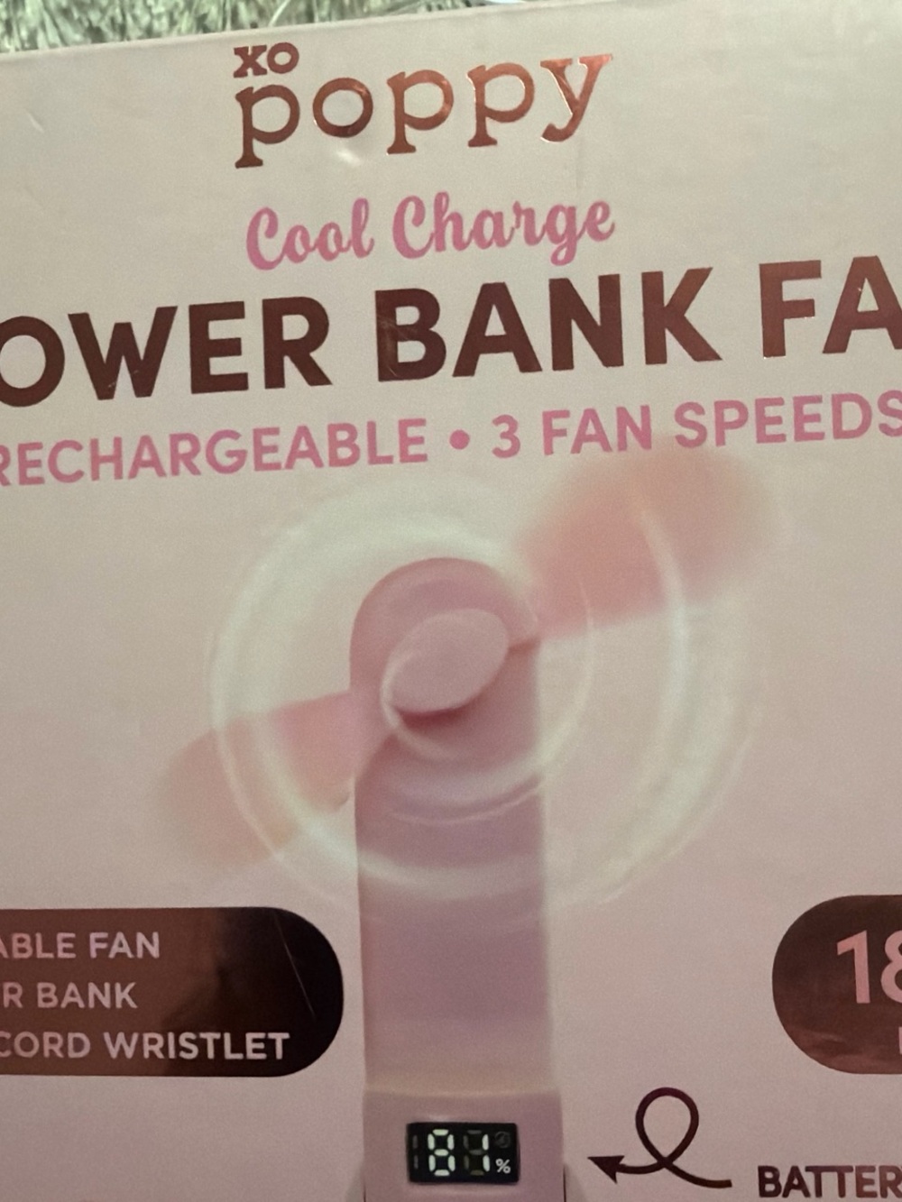 Poppy & Peonies Pink Power Bank Fan - Rechargeable Portable Fan - Picture 4 of 4